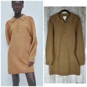 H & M Fine Knit Collared Sweater Dress Size Small Camel Brown Thick Knit